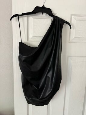 H&M Black One-Shoulder Draped Faux-Leather Top